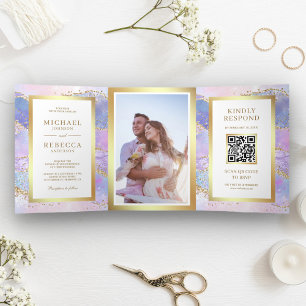 Lavender Pink Gold Agate Marble QR Code Wedding Tri-Fold Invitation