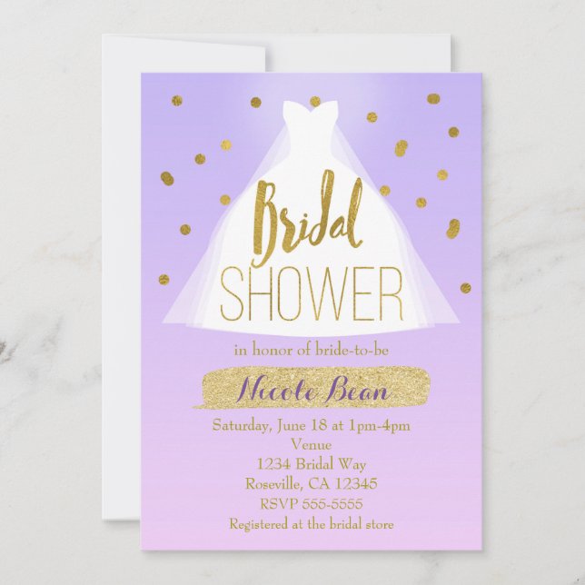 Lavender Pink & Gold Bridal Shower Wedding Dress Invitation (Front)