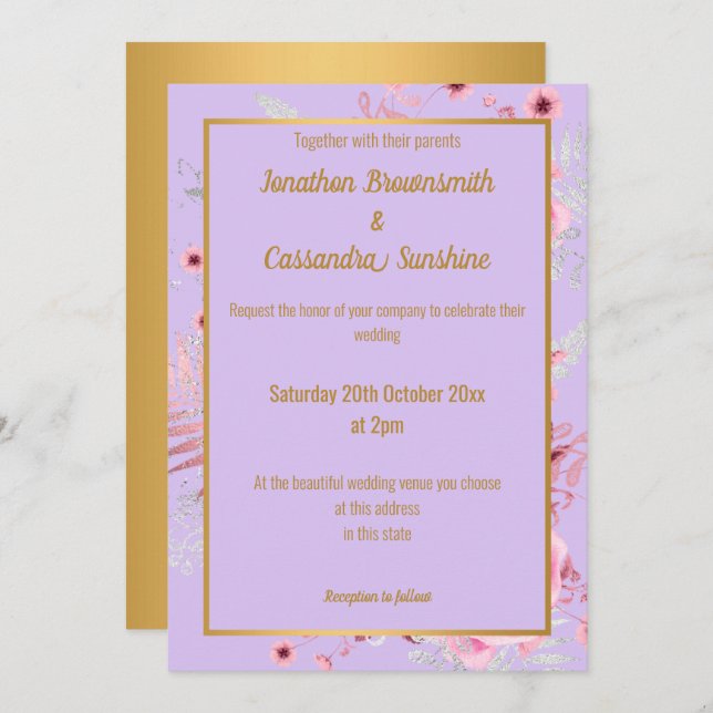 LAVENDER PINK GOLD FLORAL WEDDING GOLD INVITATION (Front/Back)