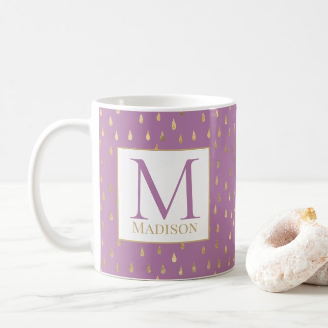 Lavender Pink Gold Raindrop Modern Trendy Monogram Coffee Mug (With Donut)