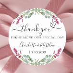 Lavender pink greenery wedding thank you classic round sticker<br><div class="desc">A stylish white background decorated with pink lavender flowers and eucalyptus greenery.  Personalise and add your names and wedding date. With the text: Thank you for sharing our special day.</div>