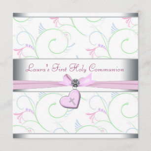 Lavender Pink Heart Pink Cross First Communion Invitation