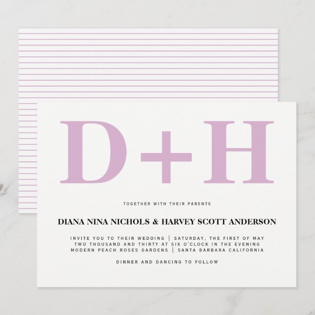 Lavender pink initials bold typography wedding invitation (Front/Back)