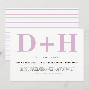 Lavender pink initials bold typography wedding invitation