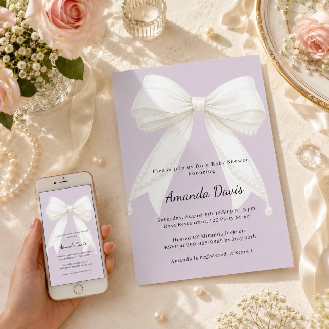 Lavender pink ivory bow Baby Shower Invitation (Creator Uploaded)