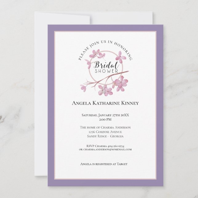 Lavender Pink Lilac Blossom Bridal Shower Invitation (Front)