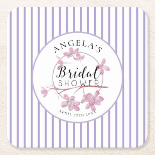 Lavender Pink Lilac Stripes Bridal Shower  Square Paper Coaster