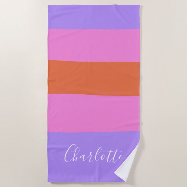 Lavender Pink Orange Wide Stripes Personalised Beach Towel (Front)