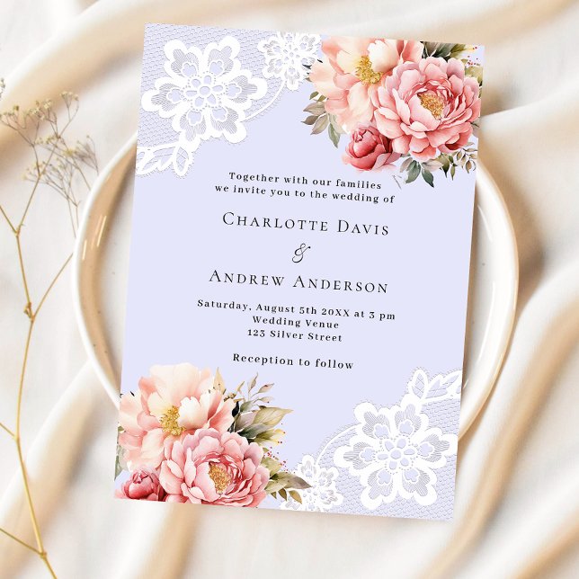 Lavender pink rose gold floral lace luxury wedding invitation (Creator Uploaded)
