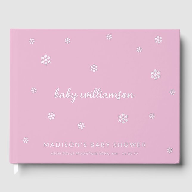 Lavender Pink Snowflakes Girl Winter Baby Shower Guest Book (Front)