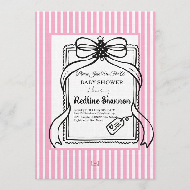Lavender Pink Striped Bow Baby Shower  Invitation (Front)