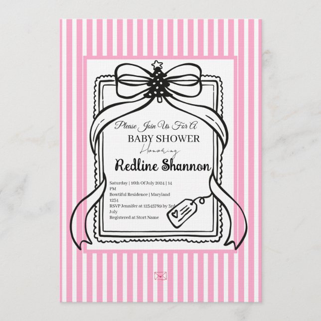 Lavender Pink Striped Bow Baby Shower  Invitation (Front)