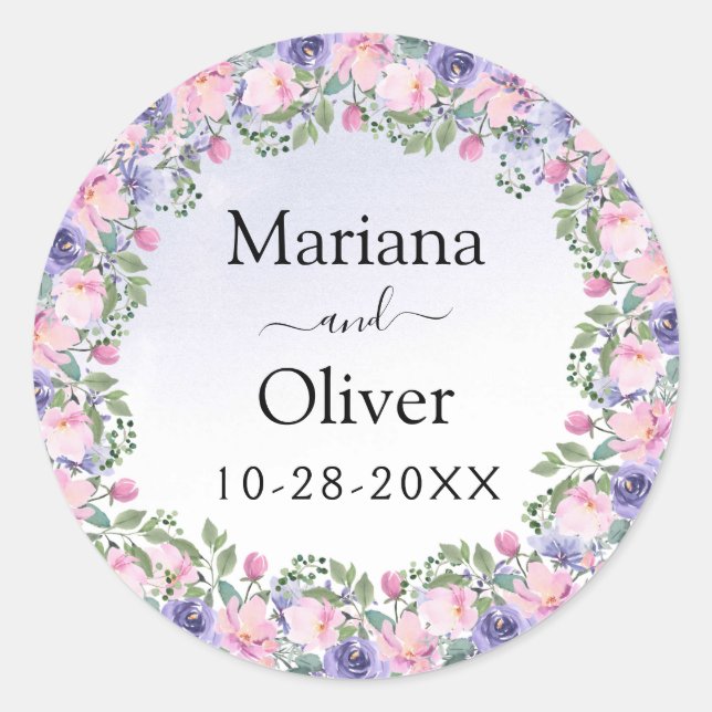 Lavender Pink Watercolor Floral Wedding Classic Round Sticker (Front)