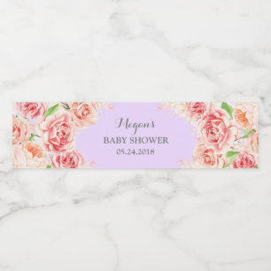 Lavender Pink Watercolor Flowers Baby Shower Water Bottle Label