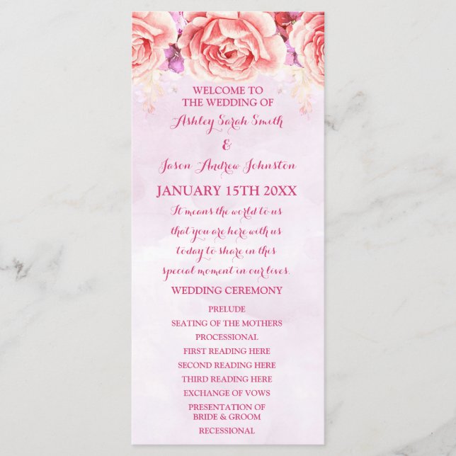 Lavender Pink Watercolor Flowers Wedding Program Programme (Front)