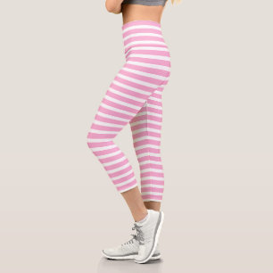 Lavender Pink White Simple Horizontal Striped Capri Leggings