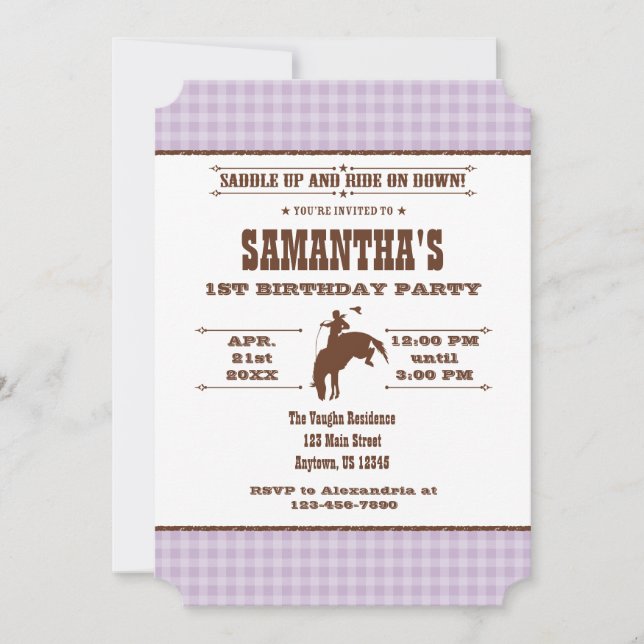 Lavender Plaid Cowboy Rodeo Birthday Invitation (Front)