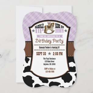 Lavender Plaid Cowhide Cowboy Birthday Invite