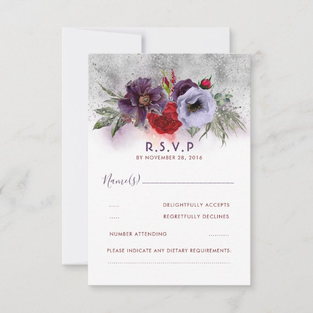 Lavender Plum and Burgundy Floral Wedding RSVP Card (Front)