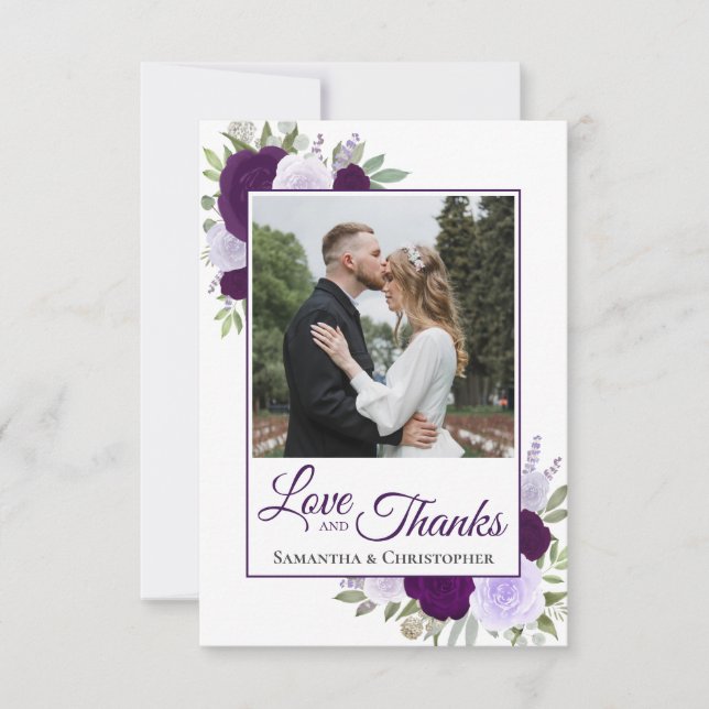 Lavender & Plum Purple Roses Love & Thanks Wedding Thank You Card (Front)