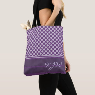 Lavender Polka Dot on Plum Monogram Tote Bag