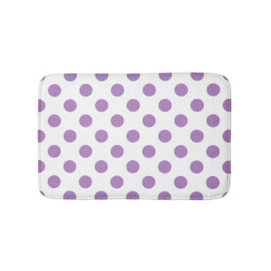 Lavender polka dots on white bath mat