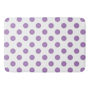 Lavender polka dots on white bath mat