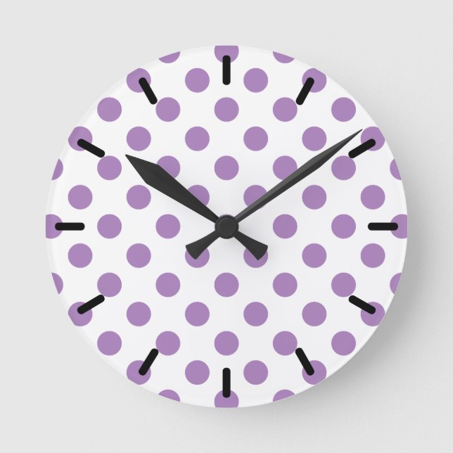 Lavender polka dots on white round clock (Front)
