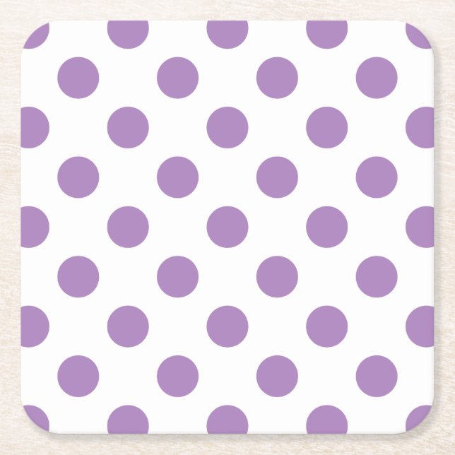 Lavender polka dots on white square paper coaster (Front)