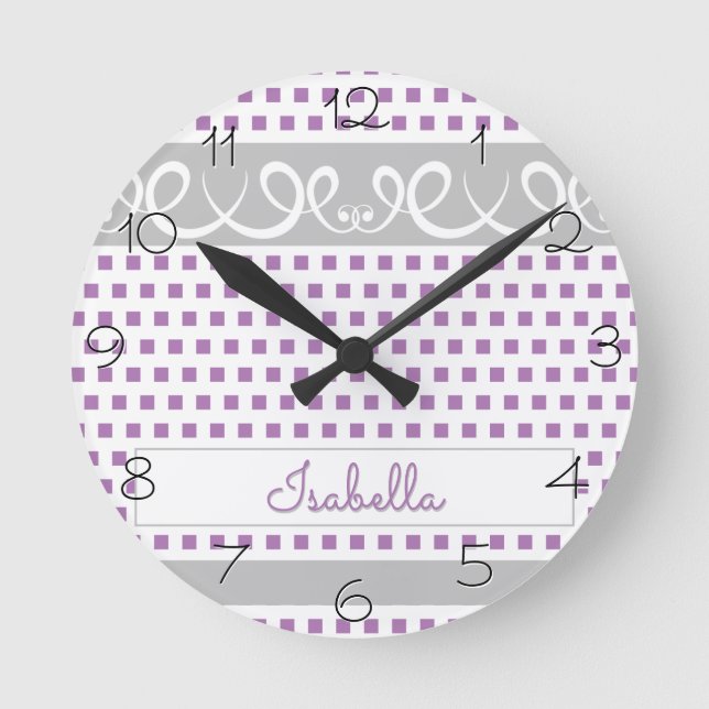 Lavender Polka Dots With Swirls Girly Nursery Round Clock (Front)