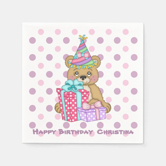 Lavender Polkadot Bear Kid's Birthday Napkin (Front)
