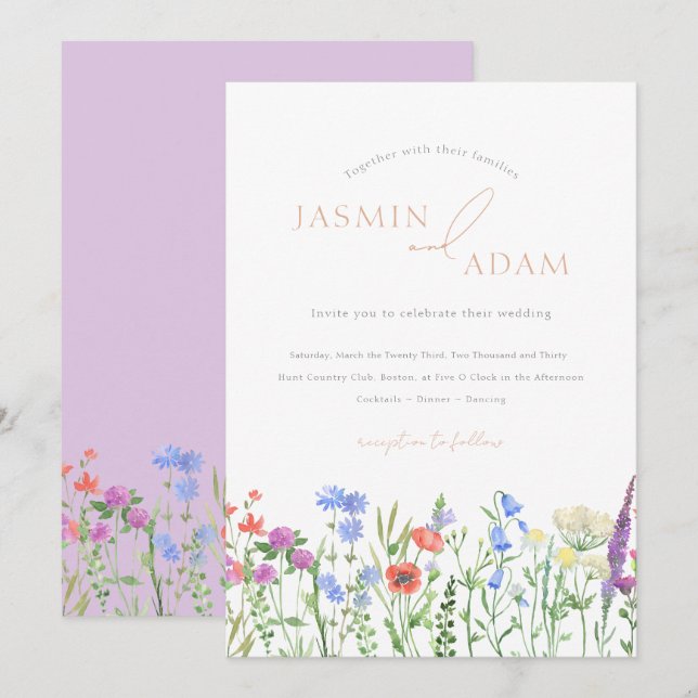 Lavender Poppy Wildflower Monogram Wedding Invitation (Front/Back)