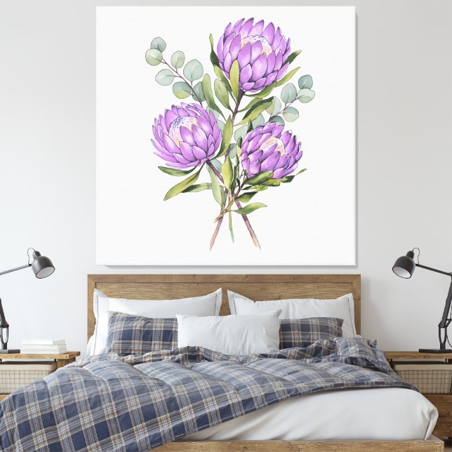 Lavender Protea Botanical Watercolor Canvas Print (Insitu(Bedroom))