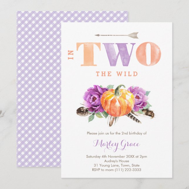 Lavender Pumpkin Boho Girl 2nd Birthday Party Invitation (Front/Back)