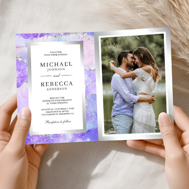 Lavender Purple Agate Marble QR Code Wedding Invitation (Creator Uploaded)