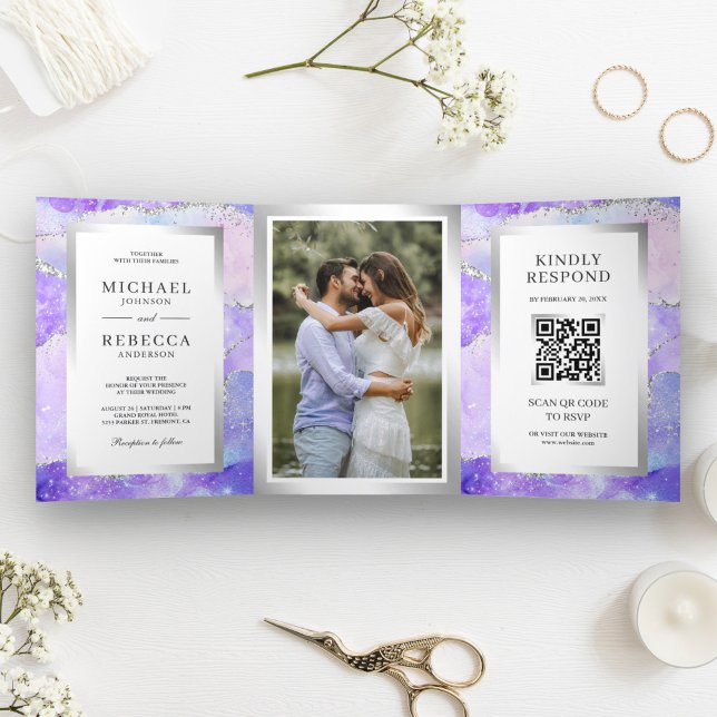 Lavender Purple Agate Marble QR Code Wedding Tri-Fold Invitation (Creator Uploaded)