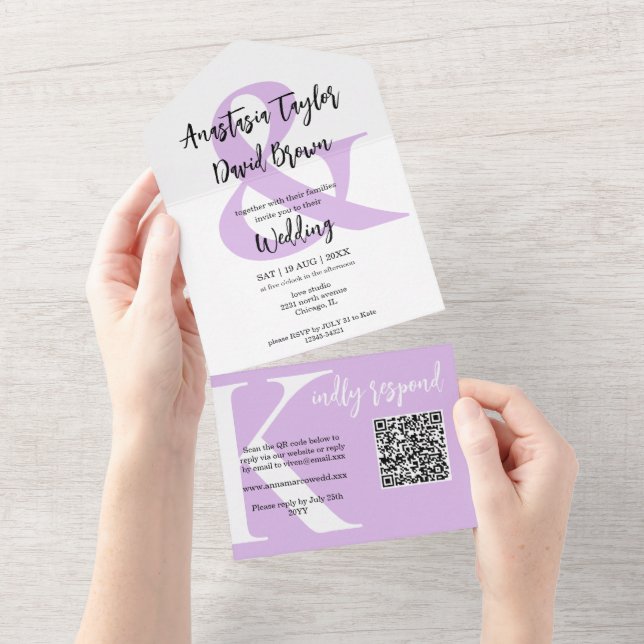 Lavender Purple Ampersand QR Code  All In One Invitation (Tearaway)