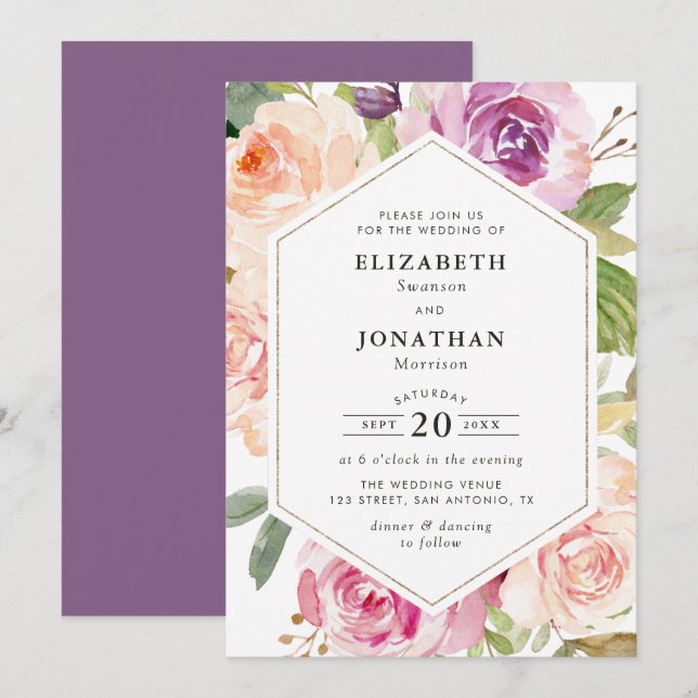 lavender purple and blush floral wedding invitation (Front/Back)