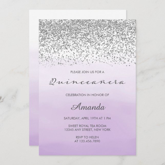 Lavender Purple and Silver Sweet 15 Quinceañera Invitation (Front/Back)