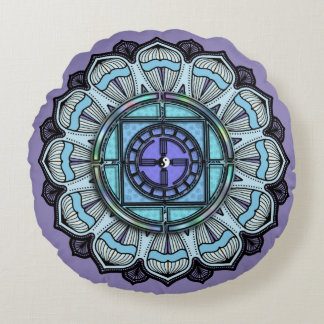 Lavender Purple Aqua Blue Mandala Vintage Boho Round Cushion