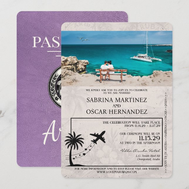 Lavender Purple Aruba Passport Wedding Invitation (Front/Back)