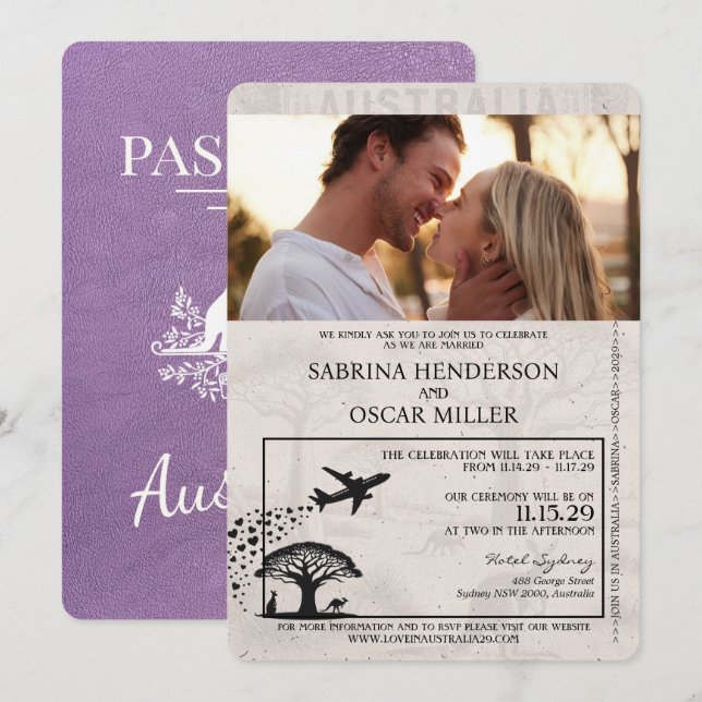 Lavender Purple Australia Passport Wedding Invitation (Front/Back)