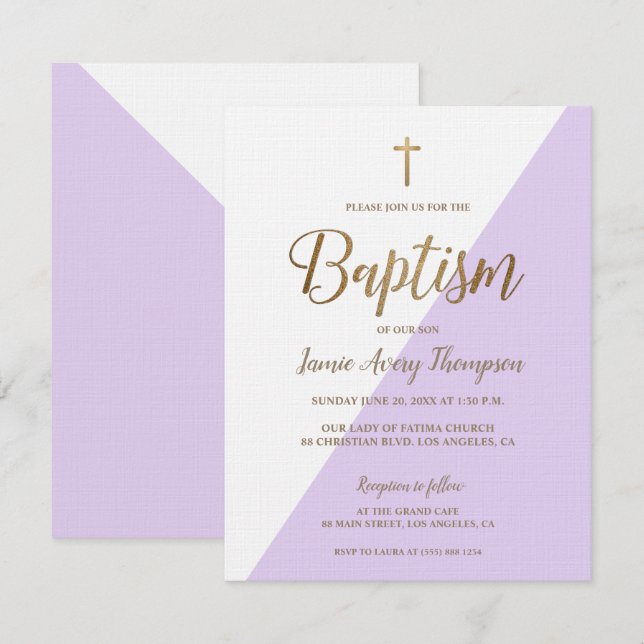 Lavender Purple Baby Girl Gold Modern Baptism Invi Invitation (Front/Back)