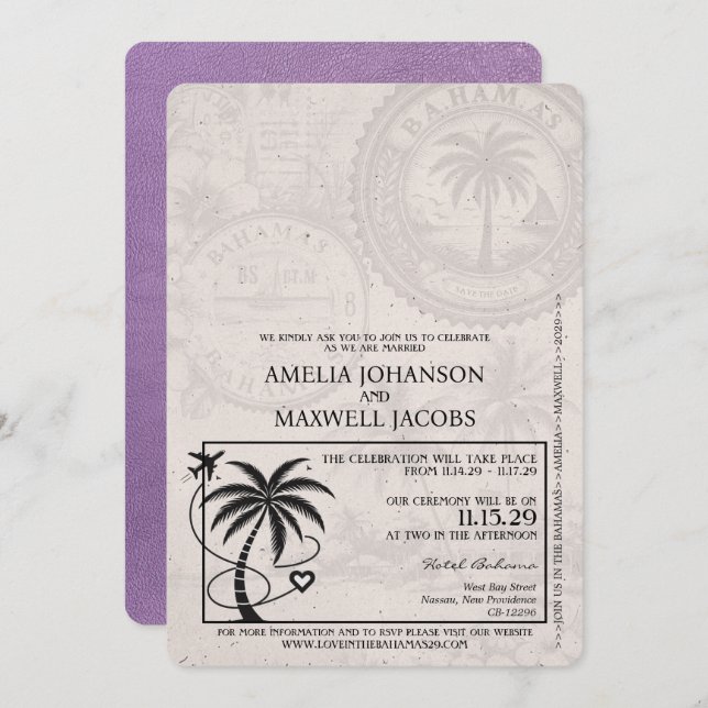 Lavender Purple Bahamas Passport Wedding Invitation (Front/Back)