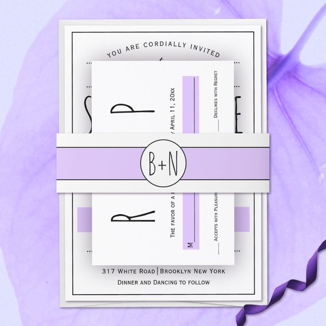 Lavender purple band and initials wedding invitation belly band (Creator Uploaded)