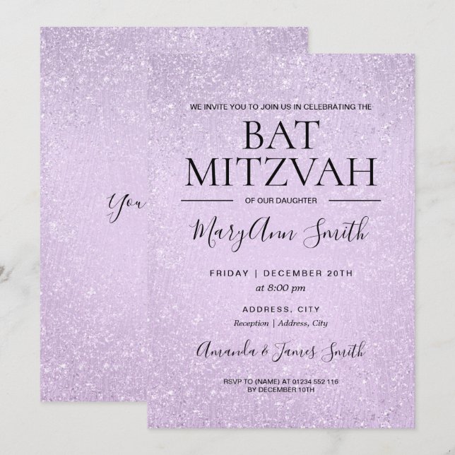 Lavender Purple Bat Mitzvah Faux Glitter Paint Invitation (Front/Back)