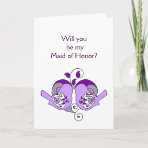 Lavender Purple  Bird Floral Heart Maid of Honour Invitation