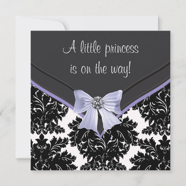 Lavender Purple Black Damask Bow Baby Shower Invitation (Front)