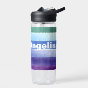 Lavender purple blue stripe watercolor name school water bottle