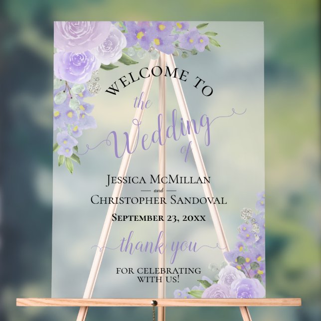 Lavender Purple Boho Chic Roses Wedding Welcome Acrylic Sign (Neutral)